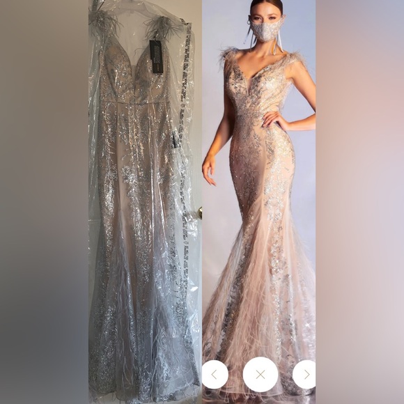 FITTED GLITTER MERMAID GOWN WITH FEATHERS main image 1